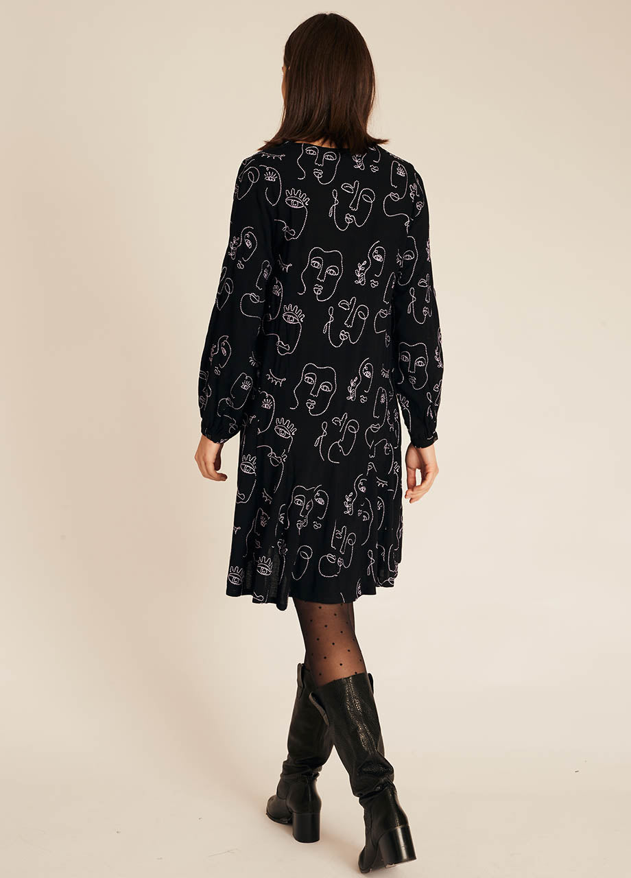 FACES EMBROIDERY BUTTONED DRESS